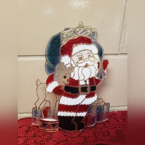 Santa Reindeer Holiday Stained Glass Design Plastic Suncatcher Window Decor